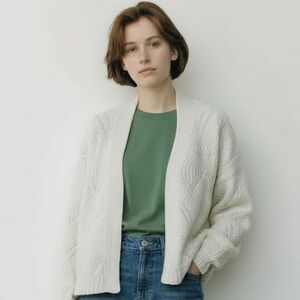 OLIVE & OAK OPEN FRONT CARDIGAN Size M Cream Pointelle  Loose Knit Creamy White